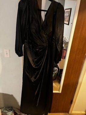 Black satin formal long sleeved dress
